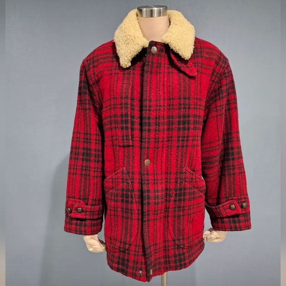 Vintage WIND RIVER Men Wool Red Plaid Shearling Collar Full Zip Heavy Coat S